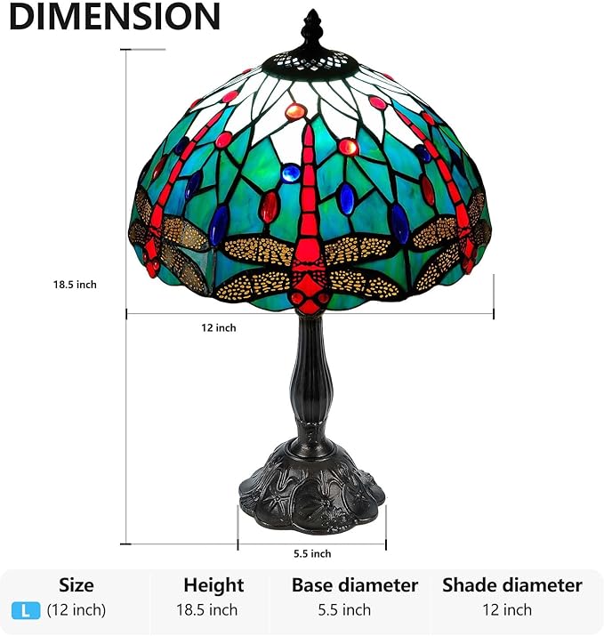 Dragonfly Tiffany Style Lamp - 12" Stained Glass Table Lamp with LED Bulb, Handcrafted Tiffany Lamp Kit for Bedroom, Office, or Dragonfly Side Table Décor