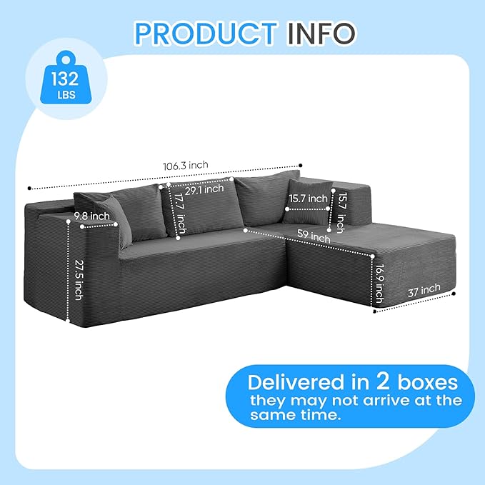 PUREMIND 106" Cloud Sectional Couch for Living Room, Corduroy L Shape Sofa with Deep Seat, Modular Boneless Foam Couch Corner Couches No Assembly Required
