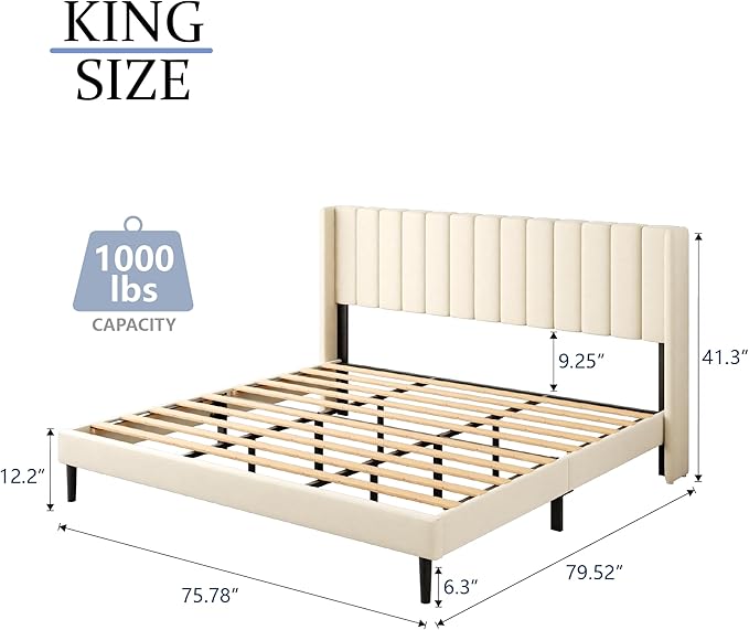 King Size Bed Frame with Wingback Headboard, Upholstered Platform Bed, No Box Spring Needed, Sturdy Wooden Slat Support, Easy Assembly, Cream