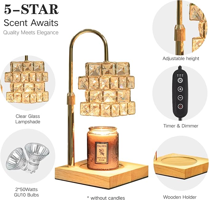 Crystal Candle Warmer Lamp With 2 Bulbs - Adjustable Height, Dimmable, Compatible With Large Jar Candles - Amber Glass, Home Decor Gift for Mom