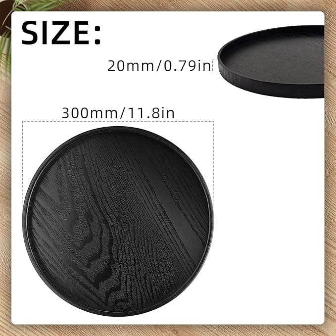 Round Solid Wood Serving Tray 30CM Black,Decorative Wooden Serving Plate for Tea Coffee Snack Food Meals,Ottoman Breakfast Tray with Raised Edge,for Home,Kitchen,Bathroom,Party,Restaurant Decor(11.8")