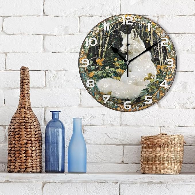 Bolaz Wall Clocks Decorative Bedroom Silent Living Room Desktop Arctic Fox Tabletop Shelf Clocks Round Battery Operated 10 Inch Non-Ticking