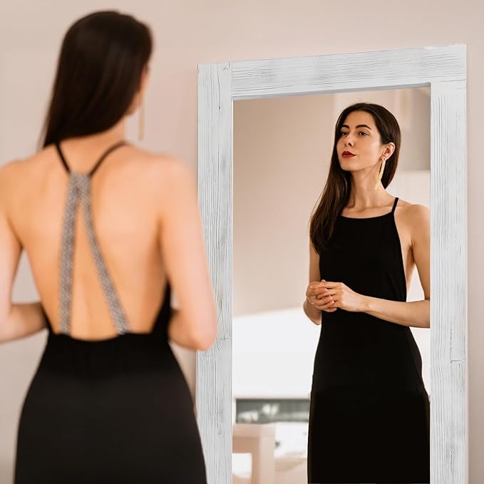 MELOMOIR Rustic Farmhouse Full Length Mirror, 71"x32" Large Floor Wood Frame, Free Standing Leaning Hanging, Full Body for Bedroom Living Room Cloakroom, Weathering White