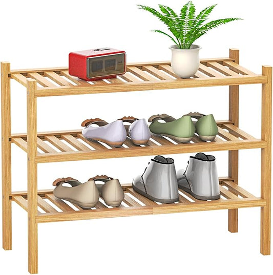 Shoe Rack 3-Tier Organizer-Stackable Storage Shelf with Multi-Function Combinations-Free Standing Bamboo Shoe Racks for Closet,Entryway,Hallway,Bathroom,Living Room Shoe Organization (Natural,3-Tier)