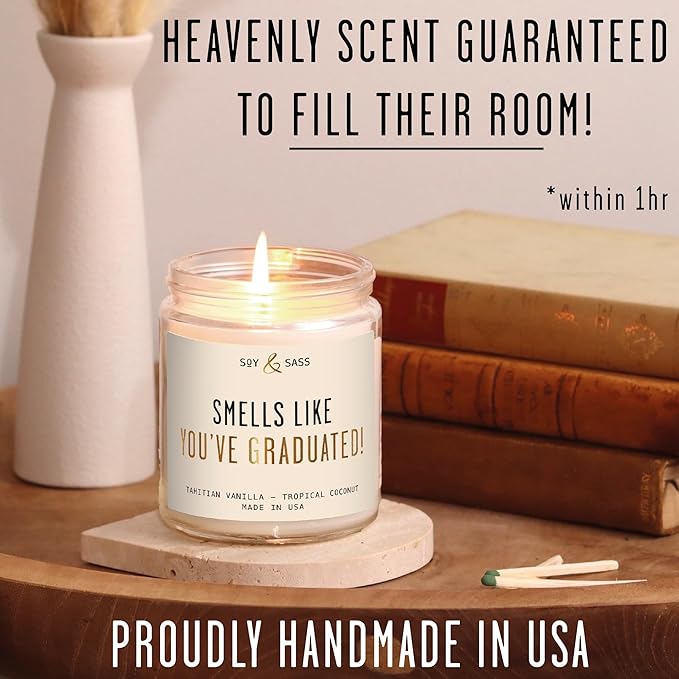 Graduation Gifts for Her "Smells like Graduation" Soy Candle, w/Vanilla & Coconut I College Graduation Gifts for Her I 2025 Graduation Gifts I 9oz Reusable Jar, 50Hr Burn, Made in USA