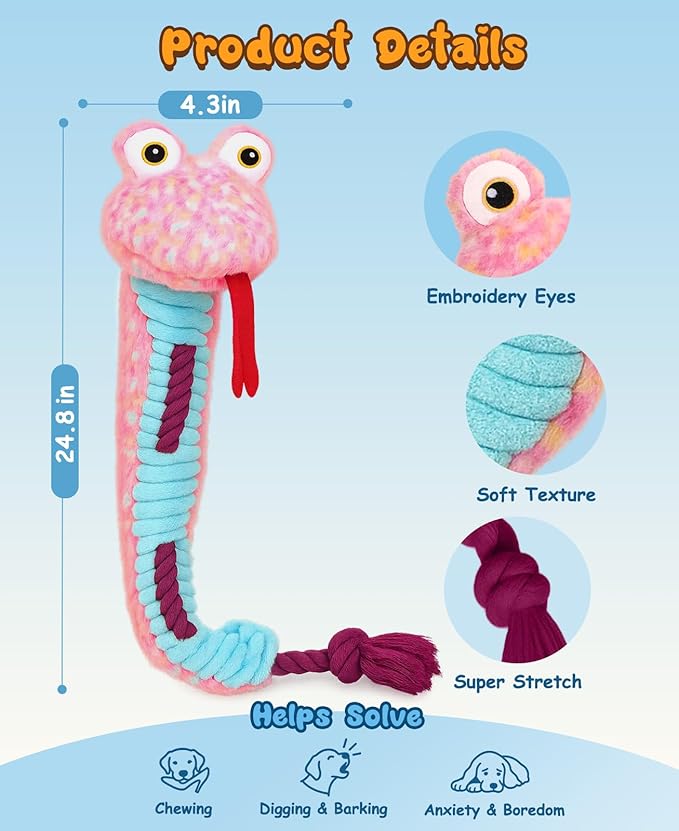 Swooflia Dog Rope Toy - Interactive Cute Snake Squeaky Plush Toys Stuffless, Teeth Cleaning for Small Medium Large and Boredom Dogs, Outdoor Durable Puppy Tug of War Chew Toy