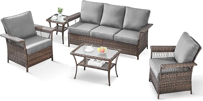 5 Pieces Wicker Patio Furniture Set - Hollow Widen Armrests Outdoor Rattan Chairs, 3 Seat Sofa with Coffee Table & Side Table, Small Patio Convention Set for Deck and Backyard - Brown/Gray