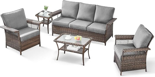 5 Pieces Wicker Patio Furniture Set - Hollow Widen Armrests Outdoor Rattan Chairs, 3 Seat Sofa with Coffee Table & Side Table, Small Patio Convention Set for Deck and Backyard - Brown/Gray