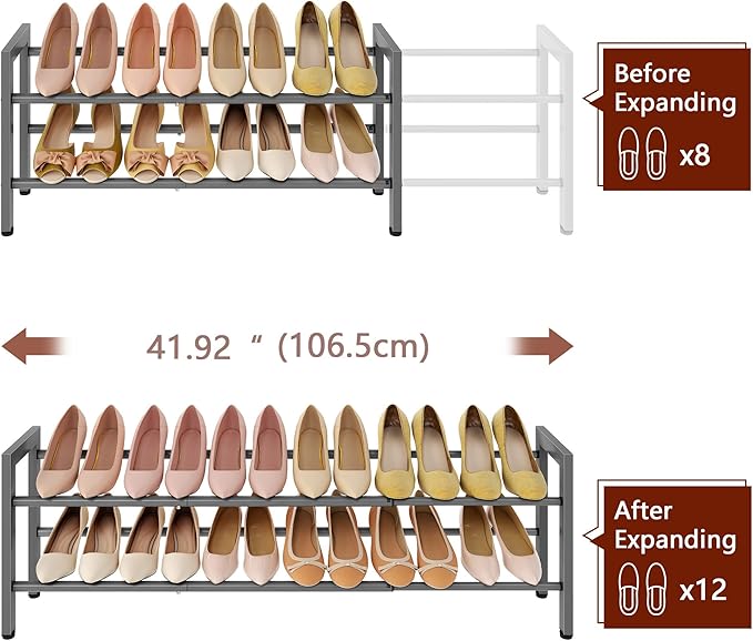 FAVOOSTY 2-Tier Expandable Shoe Rack, Adjustable Shoe Shelf Storage Organizer Space Saving Metal Free Standing Shoe Rack for Entryway Closet Doorway, Silver Grey