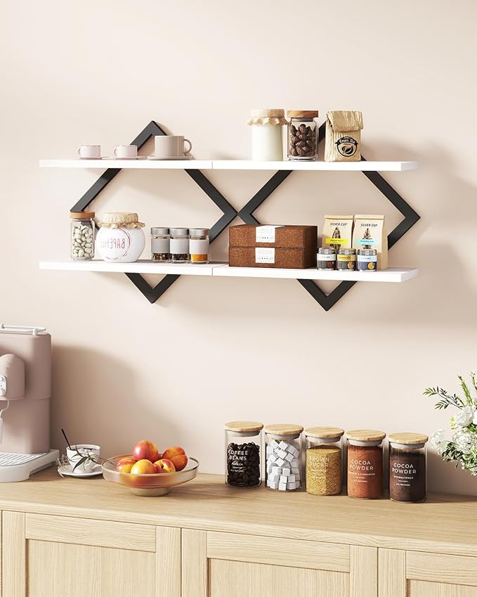 IBUYKE Floating Shelves,15 Inch Wall Shelf Set of 2,Wall Mounted Shelves,2 Tier Hanging Decorative Storage Shelf for Living Room, Bedroom, Bathroom, Kitchen TFS003W-2