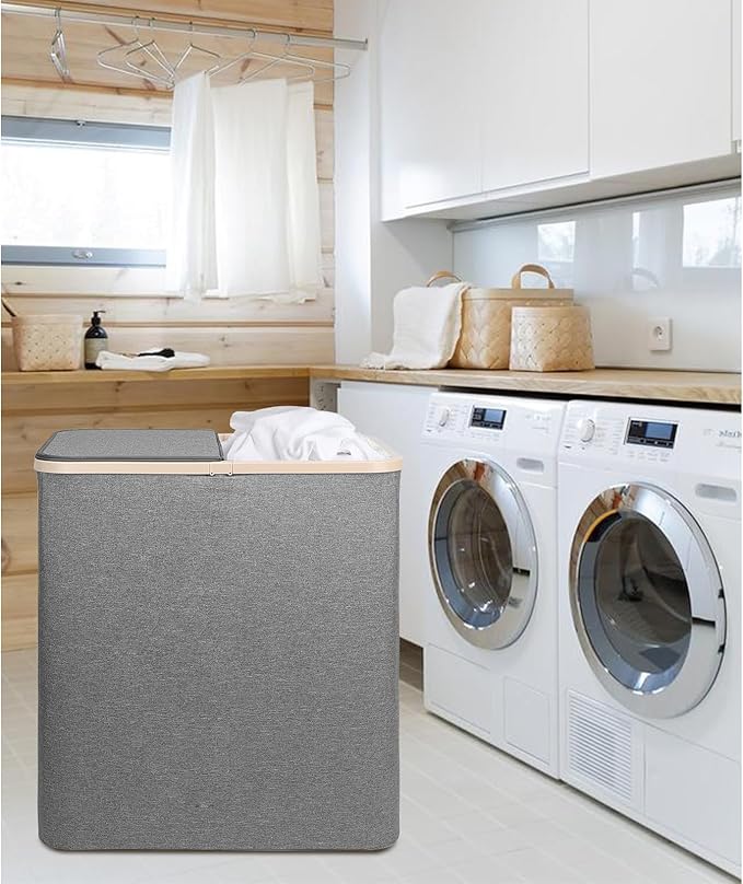 DOKEHOM 160L Double Laundry Basket with Removable Lid and Laundry Bags, Large Collapsible Laundry Hamper with 2 Sections (Grey)