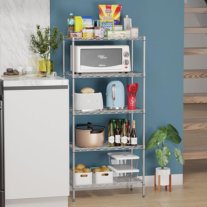 BestOffice 5-Shelf Storage Shelves, Adjustable Shelving Unit Wire Shelving Metal Shelves,11.6" D x 21.5" W x 47.6" H,Chrome