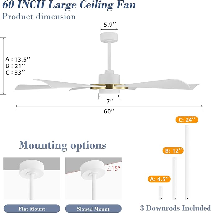 ELEHINSER 60" Ceiling Fan with Lights - 6 ABS Plastic Blades, 3 Downrods, 6-Speed Reversible DC Motor, 3CCT, Windmill Ceiling Fan for Kitchen Bedroom Living Room, White and Brass