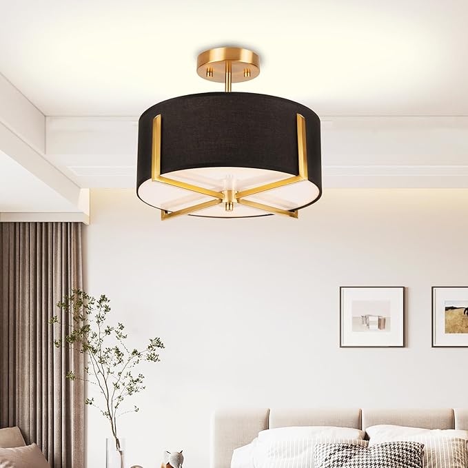 3-Light Semi Flush Mount Ceiling Light Fixture, 13.7" Gold Drum Light with Black Fabric Shade, Modern Close to Ceiling Lamp for Living Room Bedroom Dining Room Kitchen Hallway Entry Foyer