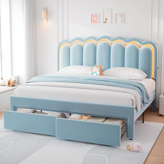 King Upholstered LED Bed Frame with 2 Storage Drawers and Adjustable Chic Double Wavy Headboard, Velvet Princess Platform Bed with Charing Station, Solid Wood Slats Support, No Box Spring Needed,Blue