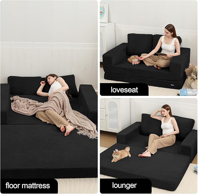 COMAX Convertible Sofa Bed Queen, Folding Fold Out Couch Bed, Floor Futon Couch Corduroy Sleeper Mattress with Back Pillows, Boneless Sofa Comfy Lounge Loveseat for Living Room Bedroom, Black