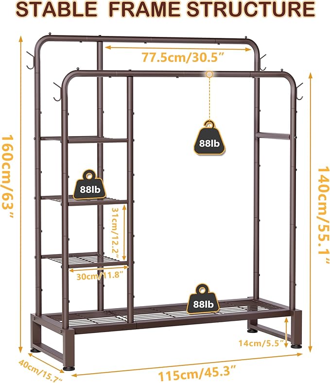 Double Rods Clothes Rack Clothing Rack with 4 Tier Storage Shelves Clothes Rack for Hanging Clothes Multifunctional Heavy Duty Clothes Organizer with Hooks for Bedroom,Wardrobe Closet,Shop,Brown