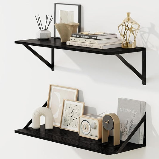 Fun Memories Deep Floating Shelves for Wall, 24W x 8D Wall Mounted Shelves Set of 2, Wide Display Ledge Shelf with Sturdy Metal Brackets for Living Room, Bathroom, Bedroom and Kitchen, Black