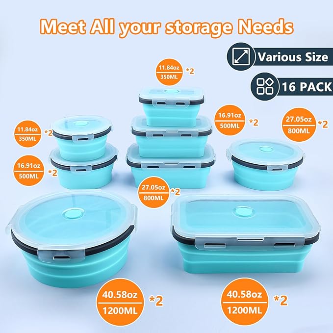 16 Pack Collapsible Food Storage Containers with Lid & Air Vent, 8 Rectangular and 8 Round Foldable Collapsible Silicone Lunch Containers Sets Bowls for Camping, Travel Trailer Must