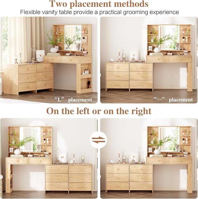 Makeup Vanity Desk with Mirror and Lights, Vanity Desk with 8 Drawers & Storage Shelves, Vanity Table with Power Outlet, 3 Color Modes & Adjustable Brightness Dressing Table, Bedroom,Oak2