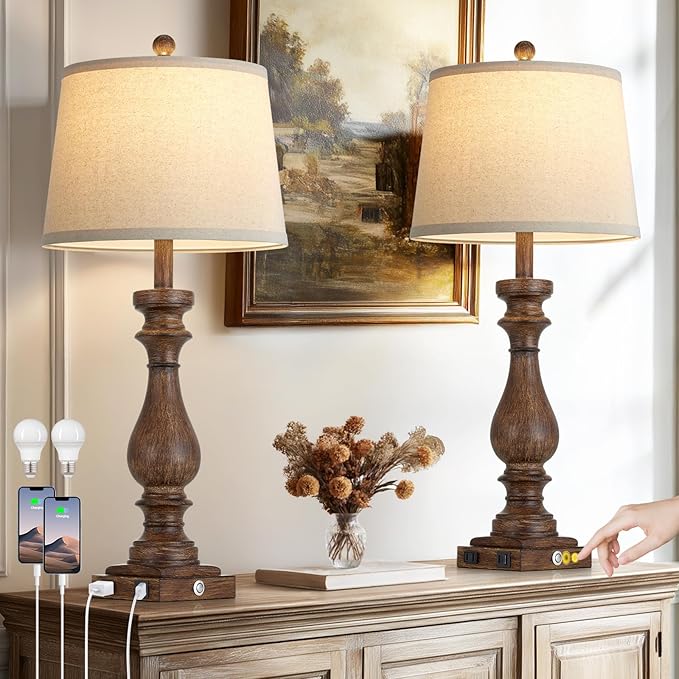 29" Tall Vintage Table Lamps Set of 2,Farmhouse Bedside Lamps with USB C+A Ports & AC Outlet,3-Way Dimmable Touch Lamp for Night Stands Living Room Bedroom,Brown