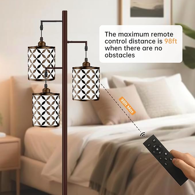 New Upgraded 72" Tall Dimmable Floor Lamp, 3 x 800LM 9W LED Bulbs Included, Farmhouse Standing Lamp with Remote Control, Industrial Tree Pole Floor Lamps for Living Room, Bedroom, Study Room - Brown