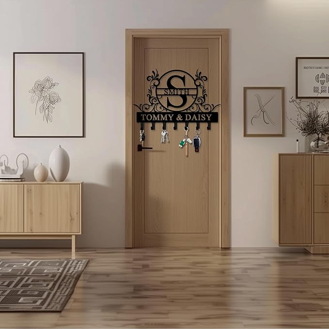 Personalized Metal Key Holder Wall Mount with Family Name Custom Key Hooks Wall Mounted Key Hooks Monogram Name Decor for Kitchen Entryway Hallway Office Doorway