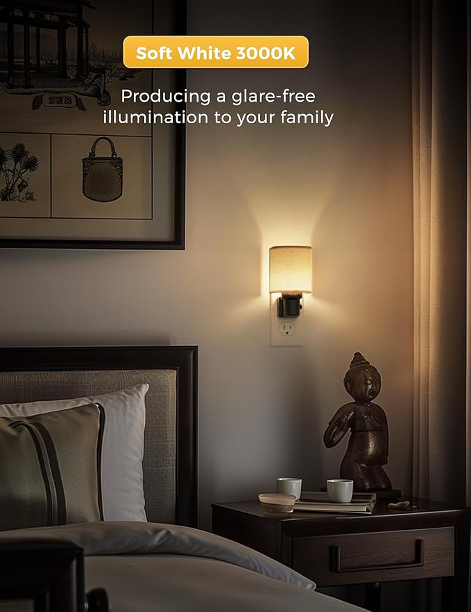 L LOHAS LED Night Lights Plug into Wall, Plug in Night Light Dimmable, Farmhouse Decorative Nightlights Plug in Wall, Light Sensor 0-100LM, Soft Linen Fabric Nightlight Warm for Bedroom Hallway Decor