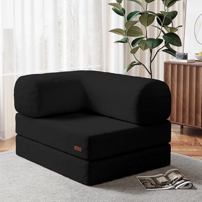 COMAX Folding Sofa Bed, Fold Out Chair Bed, Foldable Sofa, Convertible Sleeper for Adults, Futon Chair Single Small Floor Couch for Spaces, Bedroom Living Room Guest Room, Black