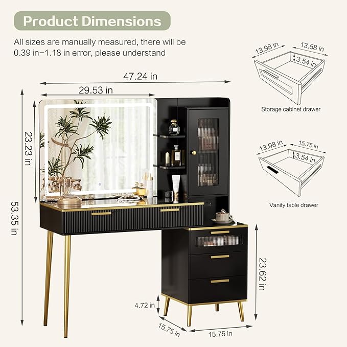 47.24" Big Modern Vanity Desk with Mirror and Lights,Makeup Vanity Desk with 5 Drawers and Storage Shelves & Power Outlet,Dressing Table with Glass Top, Black
