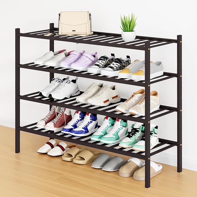 Smiry Shoe Rack, 4 Tier Long Bamboo Shoe Organizer, Stackable Free Standing Wooden Shoe Storage Shelf for Closet, Entryway, Front Door Entrance, Brown