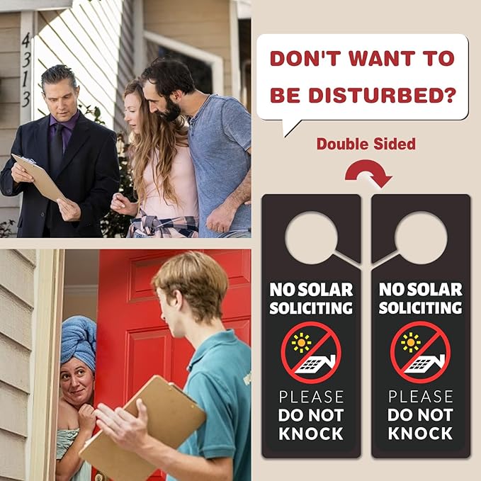 No Solar Panel Soliciting Sign for House, 2 Pack (Printed on Both Sides) - 9.3"x3.5" PVC Plastic Don't Disturb Sign for Home, Front Door, Business, Durable Weatherproof, Easy to Hang