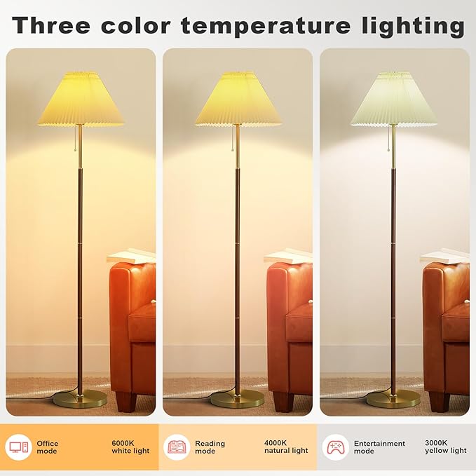 Pleated Lampshade Tall Floor Lamp for Living Room Corner Bedroom Bedside Office, Brown Pole Lamp, Bright 12W Dimming Reading Light, Modern Cute Unique Retro Standing lamp,Farmhouse Vintage Home Decor