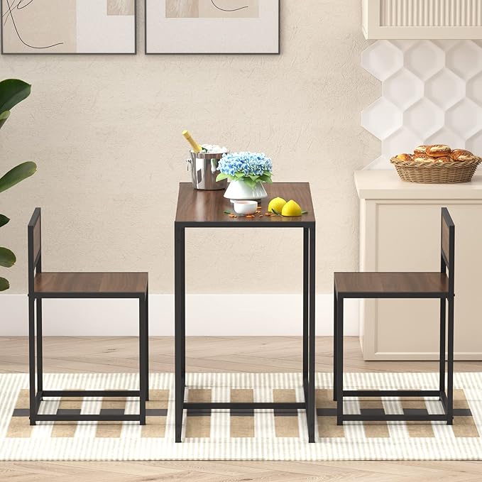 soges 3 Piece Dining Set for 2, Small Dining Table Set with 2 Chairs, Walnut Kitchen Table for Small Spaces, Breakfast Nook Set, Compact Apartment Dining Room Table