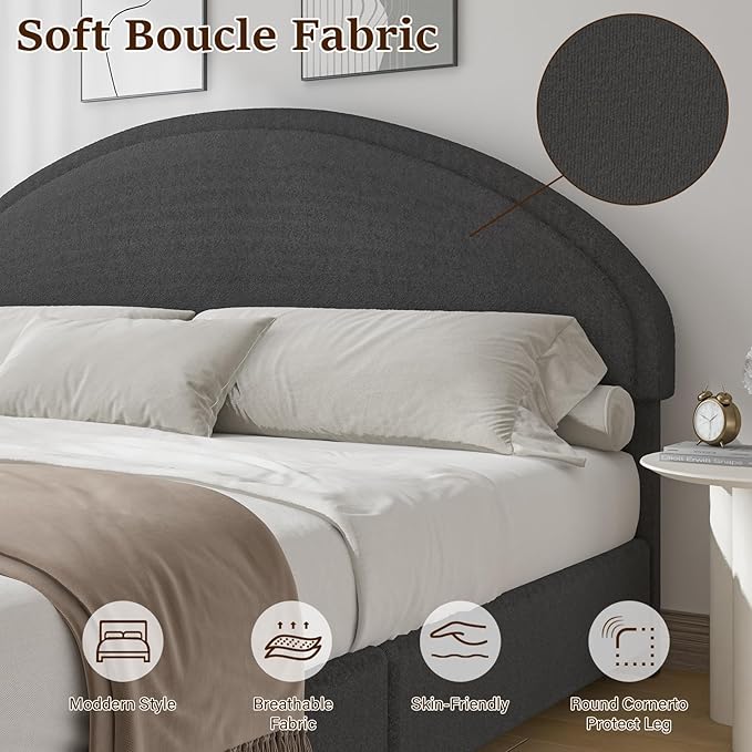 King Size Bed Frame, Upholstered Platform Bed with Headboard, Boucle Bed Frame with Round Conner, No Box Spring Required, Easy Assembly, Dark Grey