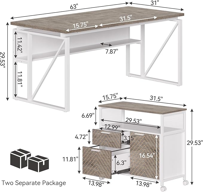 LITTLE TREE 63-Inch Office Desk with 31.5-Inch Lateral File Cabinet, Study Writing Desk Computer Desk for Home Office