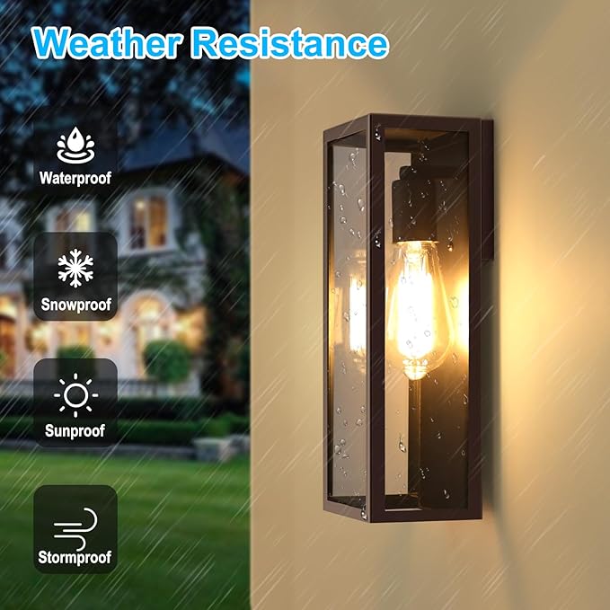 2-Pack Outdoor Wall Lanterns, 13'' Exterior Waterproof Wall Sconce with Clear Glass Shades, Oil Rubbed Bronze Porch Lights, Anti-Rust E26 Outdoor Lights for Outside Patio Garage Front Door House
