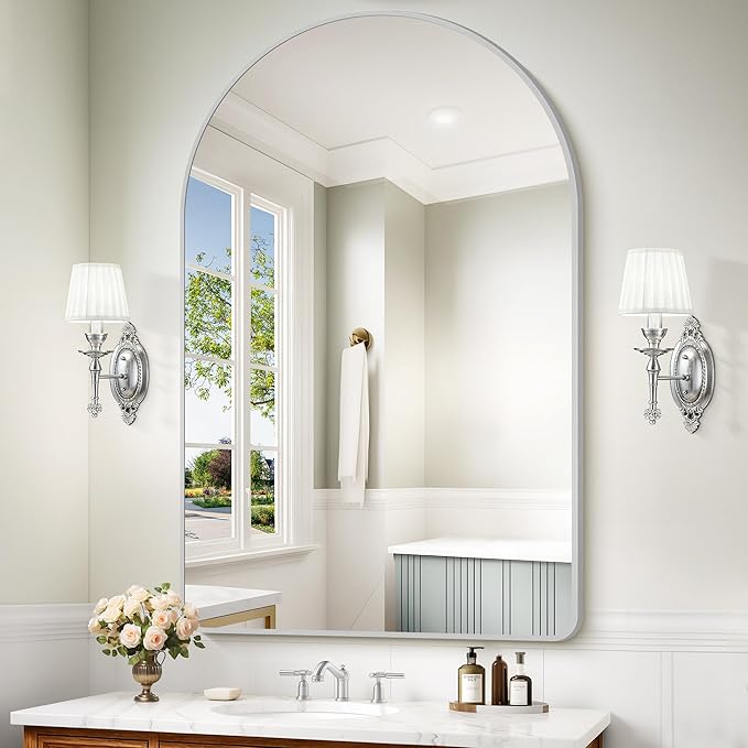 Arched Bathroom Mirror, 30"x48" Silver Arched Mirror for Bathroom, Wall Mounted Mirror, Silver Vanity Wall Mirror w/Metal Frame for Bedroom, Entryway, Living Room, Hanging or Leaning Against