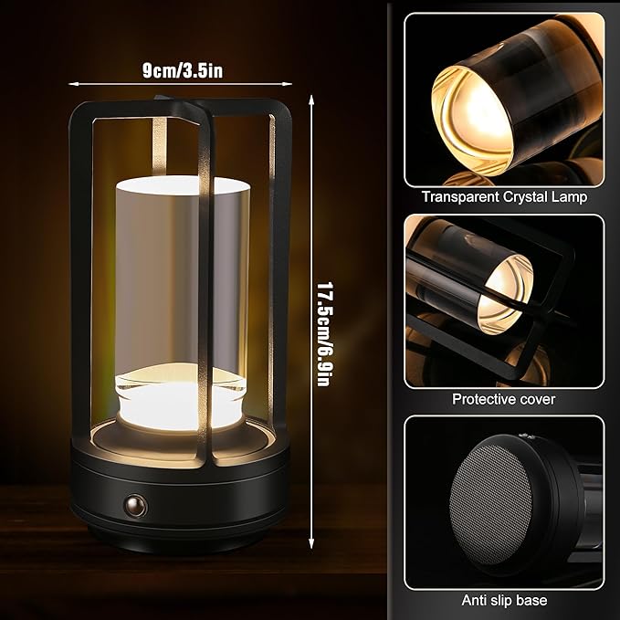Portable Metal Table Lamp,Cordless Table Lamp, Rechargeable Battery Operated Lights, LED Table Lamps, 3 Color Stepless Dimming Touch, for Bedroom Restaurant Home Outdoor (Black)
