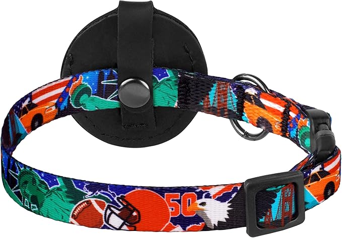 Airtag Cat Collar with Bell - Non Breakaway Soft Pet Collar with Leather Air Tag Holder - Adjustable GPS Anti-Lost Collars for Girl Boy Cats Kitten Puppies, Lightweight and Patterned (USA)