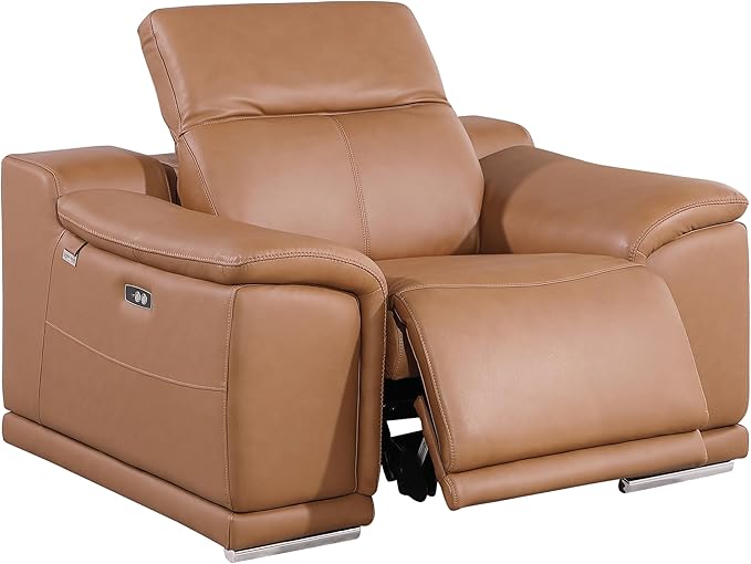 Blackjack Furniture Venice Top Grain Italian Leather Power Recliner Chair with Adjustable Headrest Modern Luxury Seating for Living Room Lounge, Cognac