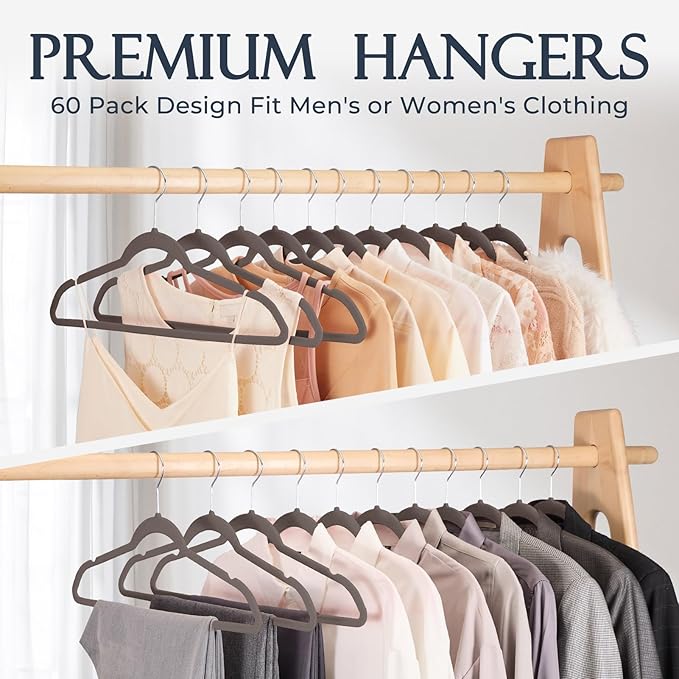 HOUSE DAY Taupe Velvet Hangers 60 Pack, Non Slip Clothes Felt Hanger Heavy Duty for Coat, Premium Slim Space Saving Suit Hangers for Closet Organizer, 360° Rotating Silver Hook