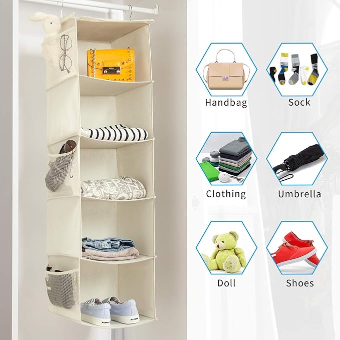 5 Shelves Hanging Closet Organizer, 2 Pack Hanging Storage with 6 Side Pockets for Clothes Shoes, 43"x12"x12"(Beige)
