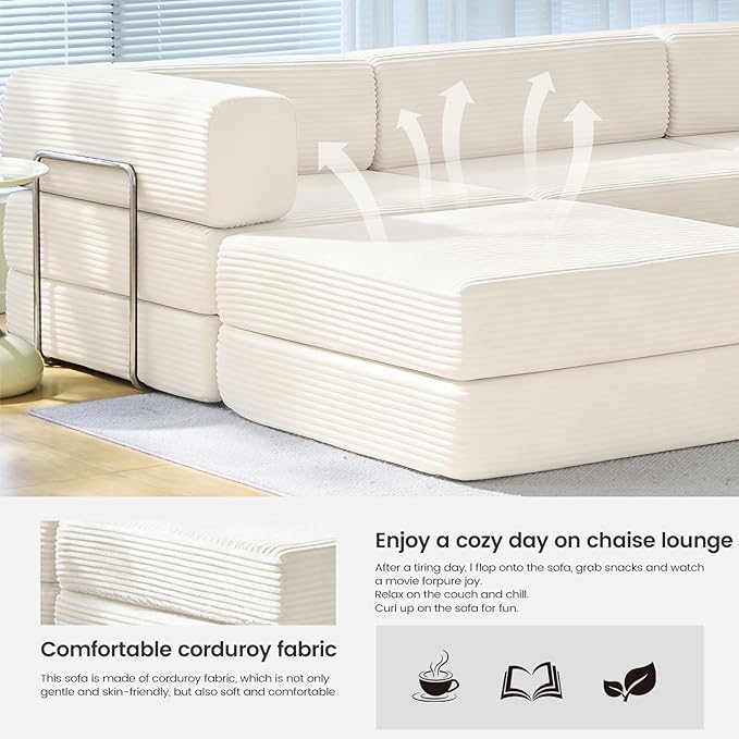 Folding Sofa Bed Convertable Corduroy Couch King Size Floor Sleeper 4-in-1 DIY Combination Modular Sofa Fold Out Futon Lounge Comfy Foldable Lazy cama for Living Room (Off-White)