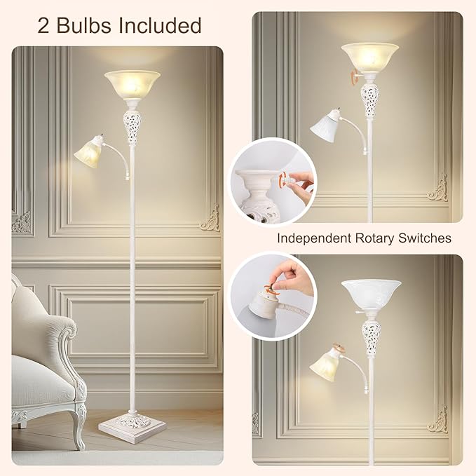 Torchiere Floor Lamp with Adjustable Reading Light, 72" Tall Vintage Lamp with White Glass Shade, Farmhouse Standing Lamp, Rustic LED Floor Lamp for Living Room Bedroom Office Corner, Bulbs Included