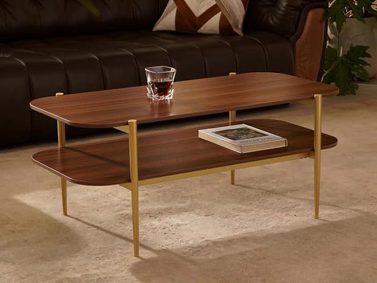 Shrine Rectangle Coffee Table, Mid-Century Modern Design, Two-Tier Walnut MDF Rounded Corner Table, 41" D x 21" W x 17" H, Sleek Conical Metal Legs with Gold Finish