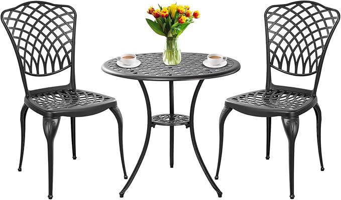3 Piece Bistro Table Set Anti-Rust Outdoor Bistro Set Cast Alumiunm Patio Table and Chairs Set for 2, Patio Bistro Set Furniture Black