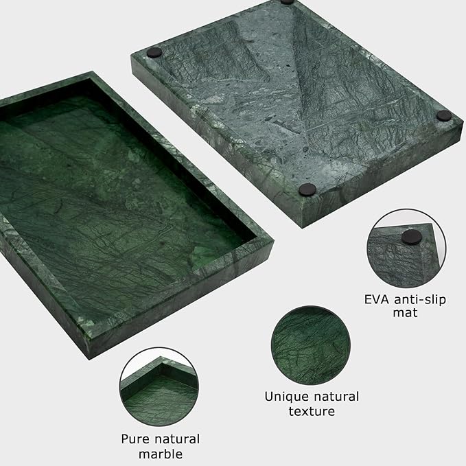 Green Marble Tray,Pure Natural Vanity Tray,Marble Trays for Kitchen Counter Non-Ceramic/Non-Resin,Stone Tray 12 x 8 inch