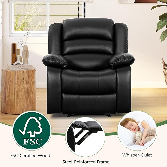 ANJ Black Recliner Chair Set of 2, with Overstuffed Arm and Back, Breathable Faux Leather Manual Reclining Chairs, Living Room Single Sofa Recliners