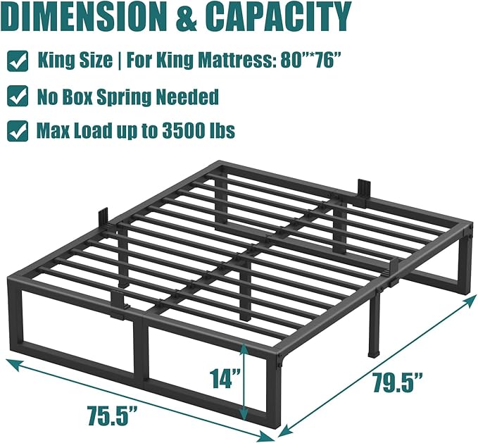 King Bed Frame, 14 Inch High 3500 lbs Metal Platform, Mattress Foundation with Steel Slat Support/No Box Spring Needed/Noise Free/Non-Slip/Easy Assembly